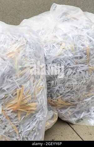 Vertical of two bags of shredded paper in white plastic. At the curb, waiting to be recycled. Stock Photo
