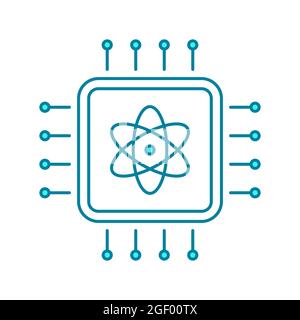 Quantum computing line icon. Blue semiconductor chip with atom symbol. Computer science innovation. Futuristic technology and artificial intelligence. Stock Vector