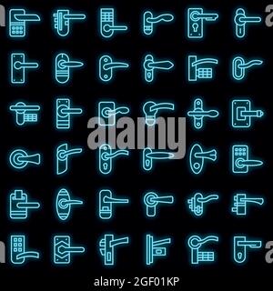 Door handles icons set. Outline set of door handles vector icons neon color on black Stock Vector