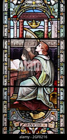 King David with his harp, King Of Israel - Stained Glass Window in St Asaph Cathedral, Wales Stock Photo