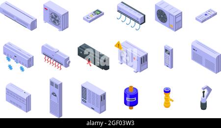 Repair air conditioner icons set isometric vector. Install heat. Industrial air Stock Vector