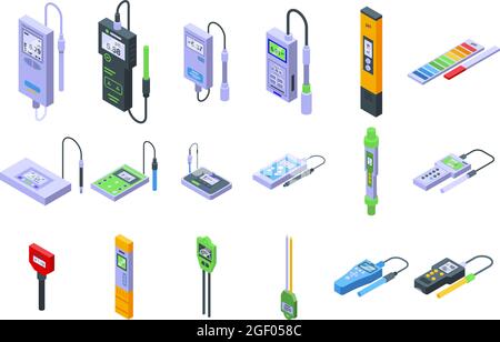 Ph meter icons set isometric vector. Acid chemical. Biology laboratory Stock Vector