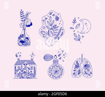 Set of floral art icons in hand made line style vase of flowers, woman face, moon, house, perfume bottle, human lungs drawing on peach color backgroun Stock Vector