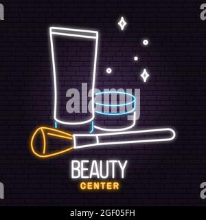 Neon sign. Beauty center with cosmetic cream for logo, label