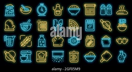 Dough icons set. Outline set of dough vector icons neon color on black Stock Vector