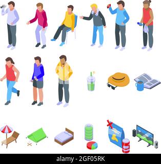Resting athlete icons set isometric vector. Bored break. Casual towel Stock Vector