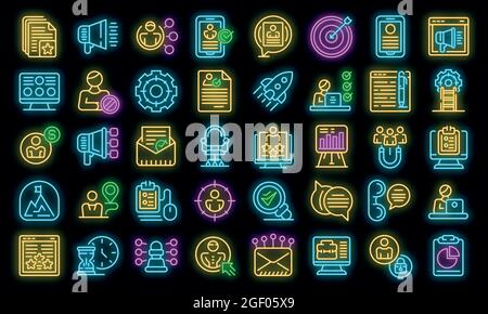 Online recruitment icons set. Outline set of online recruitment vector icons neon color on black Stock Vector