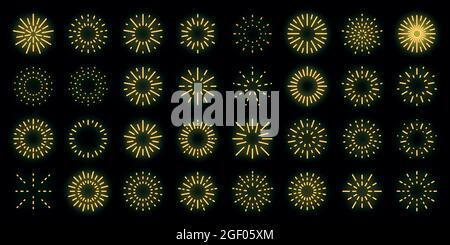 Firework icons set. Outline set of firework vector icons neon color on black Stock Vector
