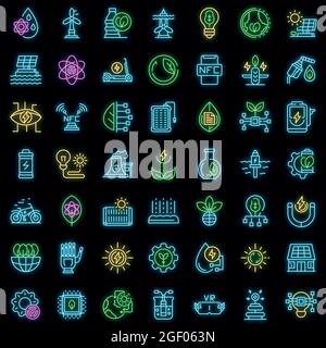 Eco innovation icons set. Outline set of eco innovation vector icons neon color on black Stock Vector