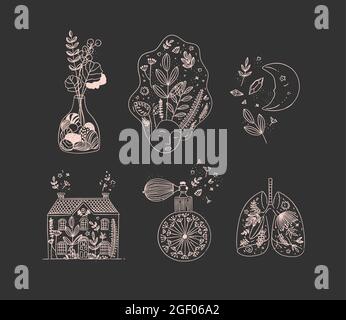 Set of floral art icons in hand made line style vase of flowers, woman face, moon, house, perfume bottle, human lungs drawing on black background Stock Vector