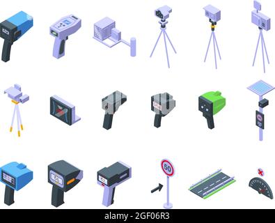 Speed radar icons set isometric vector. Alert camera. Digital car device Stock Vector