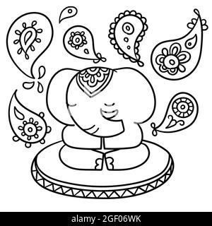 Vector hand draw India elephant yoga. Trendy animal design in boho style.India style illustration. Stock Vector