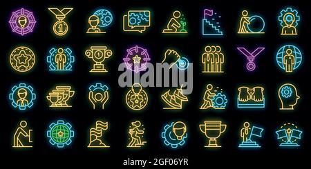 Effort icons set. Outline set of effort vector icons neon color on black Stock Vector
