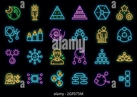 Hierarchy icons set. Outline set of hierarchy vector icons neon color on black Stock Vector