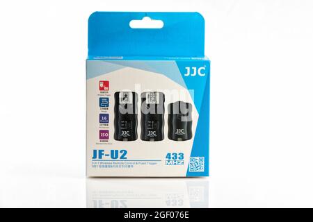 JJC brand JF-U2 camera and flash triggers for Sony A7 III isolated on white. Image taken on August 22, 2021 in Spain. Stock Photo