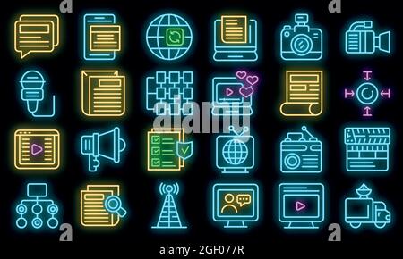 Actualization icons set. Outline set of actualization vector icons neon color on black Stock Vector