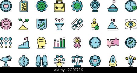 Core values icons set. Outline set of core values vector icons thin line color flat on white Stock Vector