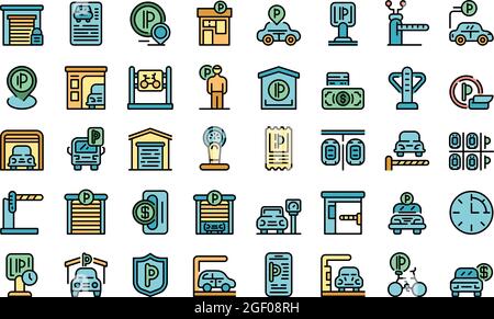 Paid parking icons set. Outline set of paid parking vector icons thin line color flat on white Stock Vector