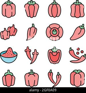 Paprica icons set. Outline set of paprica vector icons thin line color flat on white Stock Vector