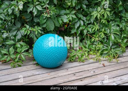heavy rubber slam ball filled with sand on a rustic wooden deck, home gym, exercise and fitness concept Stock Photo