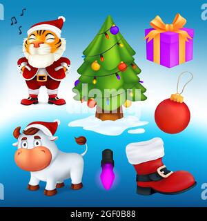 Vector set of cartoon Christmas characters and decoration elements: a tree, gift box, red boot, garland lamp, ball, Tiger in Santa's costume, white bu Stock Vector