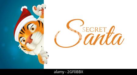 Cute Tiger in Santa's red hat - symbol of the year by Chinese calendar. Smiling Christmas character in traditional costume peeking from behind a sign Stock Vector