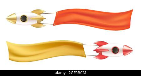 Set of flying rockets with banners or ribbons with place for text. Startup business concept. Advertising template. 3D realistic vector illustration of Stock Vector
