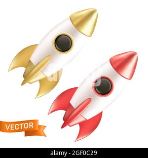Set of flying rockets. 3D realistic vector illustration of a spaceship isolated on white background. Business startup launch concept. Will looks great Stock Vector