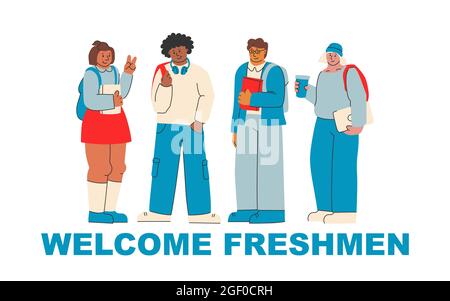 Welcome freshmen. Cute illustration for greeting new college and university students. Students with books, young people, multi-ethnic. Stock Vector