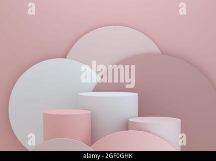 Minimalist room with Cylinders pedestal for product display on pink background. Empty podium platform for exhibitions. 3D Rendering. Stock Photo