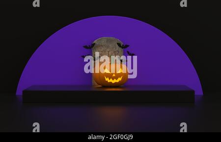 Halloween pedestal for product display with pumpkins, bats and Tombstone with a moon purple on black background. 3d rendering. Stock Photo