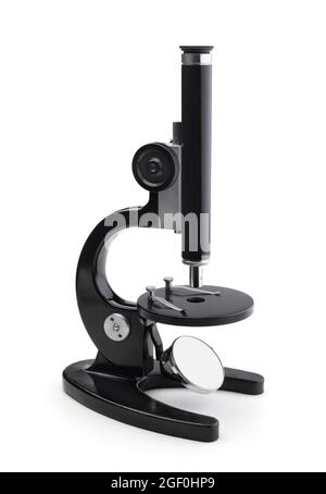 Black old metal optical microscope isolated on white. Stock Photo