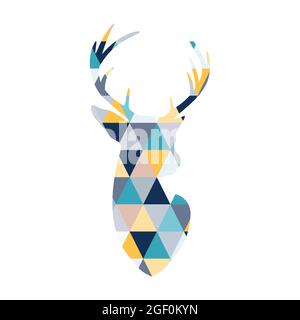 The head of the Scandinavian deer is colored by multi colored triangles. Scandinavian style. Stock Vector