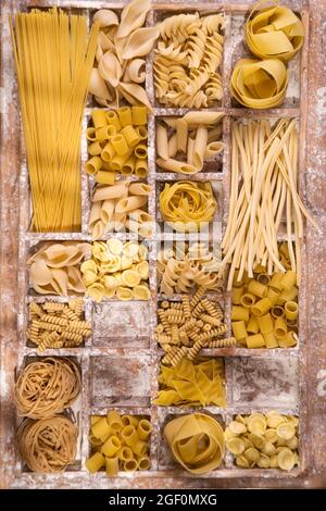 Presentation of varieties of Italian pasta made with white flour Stock Photo