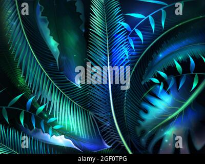 Realistic palm leaves with neon glow. Tropic jungle palm leaves, exotic glowing forest plants. Summer seamless pattern. Natural leaf background. Beautiful botanical texture. Stock Vector