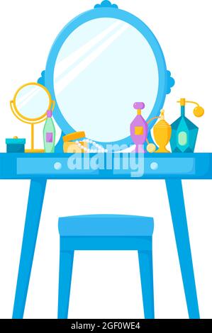 Dressing table with mirror and chair, female boudoir with cosmetics, perfume bottles and jewellery box. Vanity table. Vector illustration in flat Stock Vector