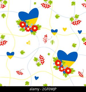 Seamless pattern. Geometric Grid Pattern with a Bouquet of Flowers and a Yellow-Blue Heart, with Red Viburnum Berries and Poppies on a White Stock Vector