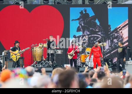 Carlos Santana Wyclef Jean perform during the We Love NYC The Homecoming Concert at the Great Lawn in Central Park on Saturday Aug. 21 2021 in New York. Photo Joe Papeo imageSPACE MediaPunch Stock