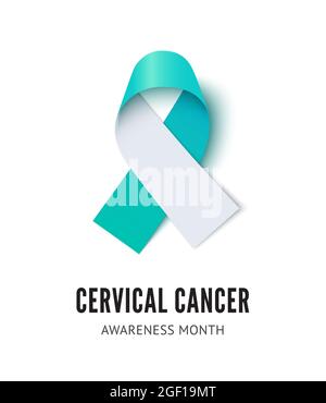 Cervical cancer awareness ribbon vector. Realistic white and teal ribbon Stock Vector