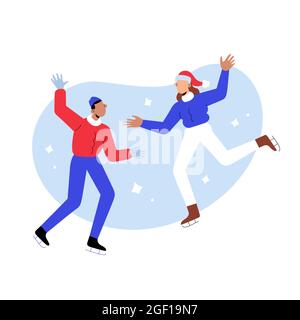 Young couple ice skating together, woman and man on ice rink wearing racing skates, outdoors activities during winter holidays, vector illustration Stock Vector
