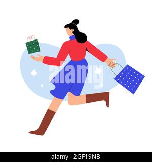 Christmas shopping, Young woman holding shopping bags hurrying, running in to buy Christmas gifts on sale, vector cartoon illustration Stock Vector