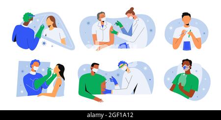 Covid vaccine shot, people get vaccinated, tested for coronavirus with swab, rapid PCR test, patient with pneumonia, vector characters illustration Stock Vector