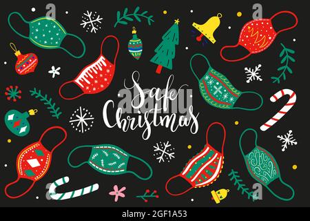 Covid Christmas, face masks with christmas ornaments, safe christmas wish, greeting card with lettering, party invitation, vector template Stock Vector