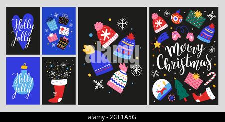 2021 Christmas card collection, scandinavian postcard with illustrations of christmas gift, noel invitations with lettering, new year posters Stock Vector
