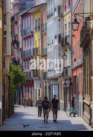 Vitoria-Gasteiz, Spain - 20 August 2021: Colorful buildings in the narrow streets of old town Vitoria Gasteiz Stock Photo
