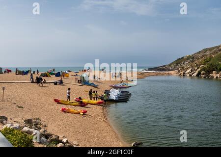 Torres Vedras, Portugal. 14 August 2021. Porto Novo beach in  in Torres Vedras Portugal. Stock Photo