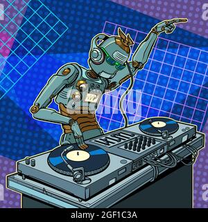 robot dj on vinyl turntables. concert music performance Stock Vector