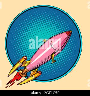 pink space rocket, science fiction. Interplanetary transport. Start Stock Vector