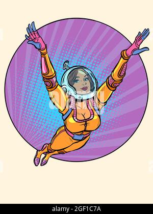A beautiful female astronaut is flying in space. A woman in space Stock Vector