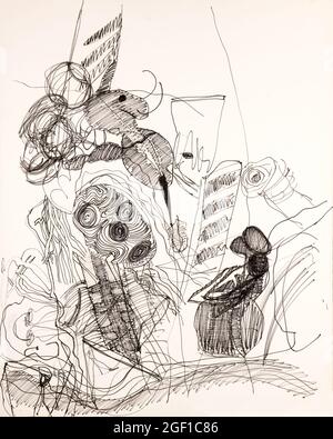 Abstract figurative drawing with strong lines and curves on a white background. Abstract illustration. Stock Photo